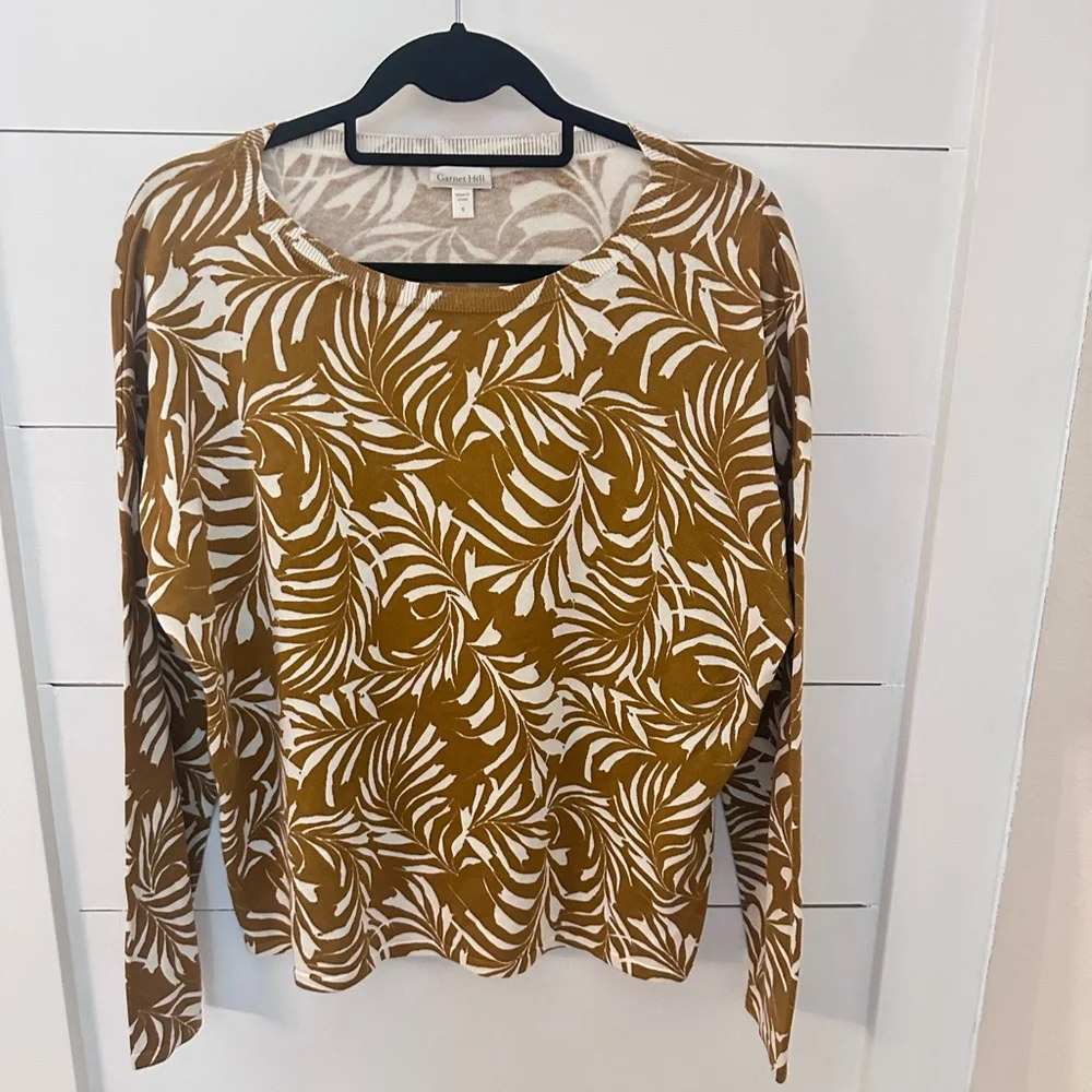 GARNETT HILL S Silk Organic cotton leaf butterscotch long sleeve crew neck tunic - Picture 2 of 13